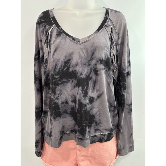 Mudd Tie Dye Lace Up Long Sleeve Top Gray Black Size Large Boho Grunge - Picture 1 of 10